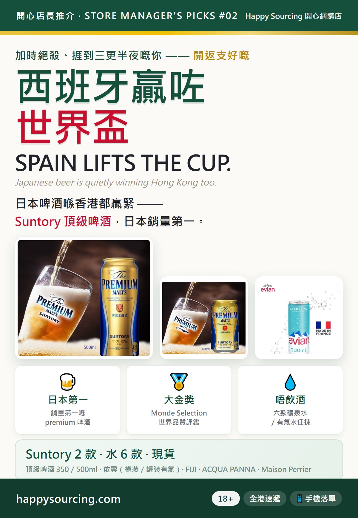 西班牙贏咗世界盃,日本啤酒喺香港都贏緊 —— Suntory 三得利頂級啤酒同六款礦泉水/有氣水